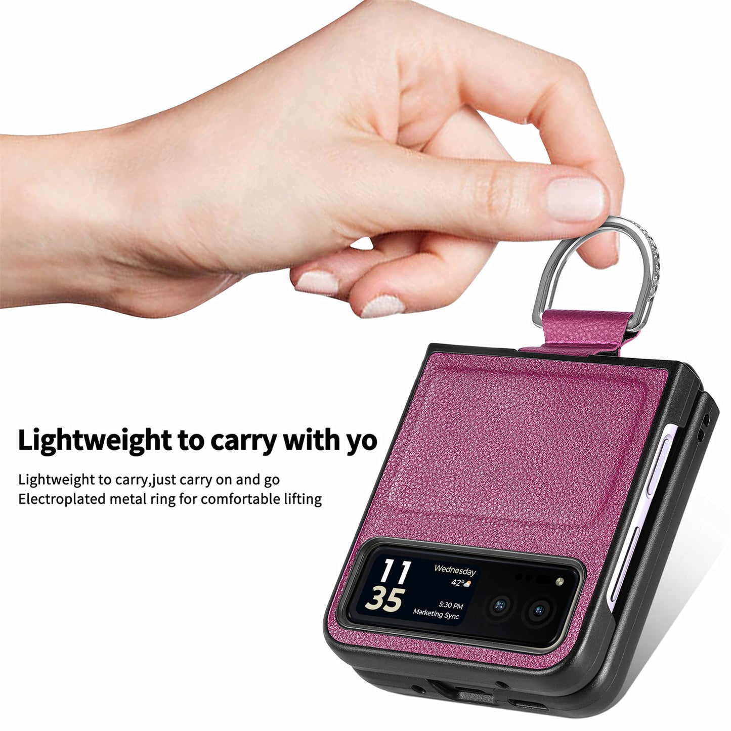 Finger Ring Holder Phone Case for Motorola Razr 40 5G , Litchi Texture Leather Coated PC Cover - Purple