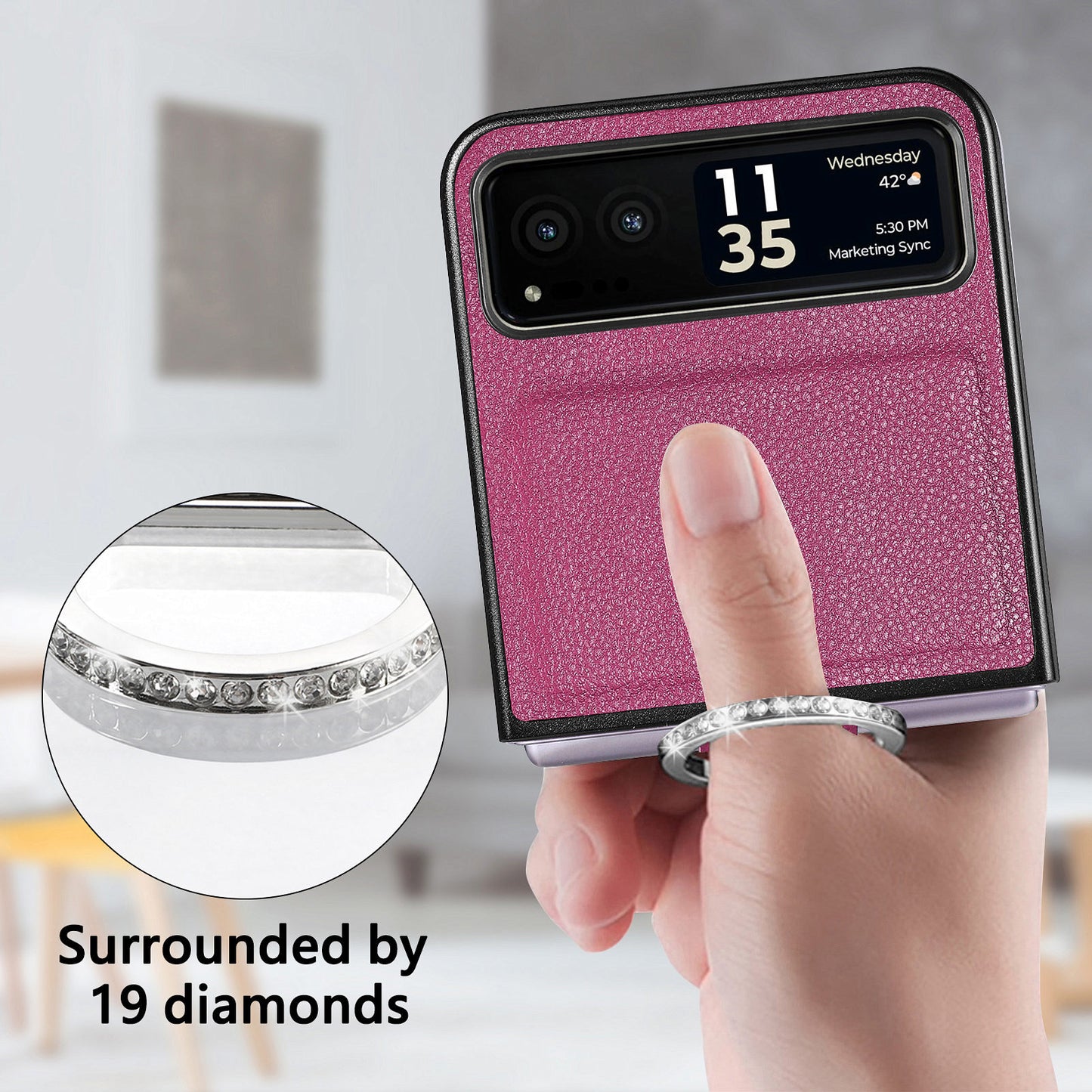 Finger Ring Holder Phone Case for Motorola Razr 40 5G , Litchi Texture Leather Coated PC Cover - Purple