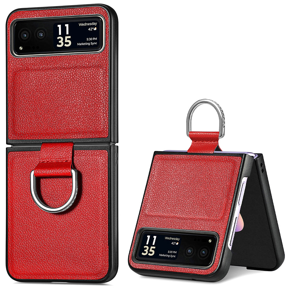 Finger Ring Holder Phone Case for Motorola Razr 40 5G , Litchi Texture Leather Coated PC Cover - Red