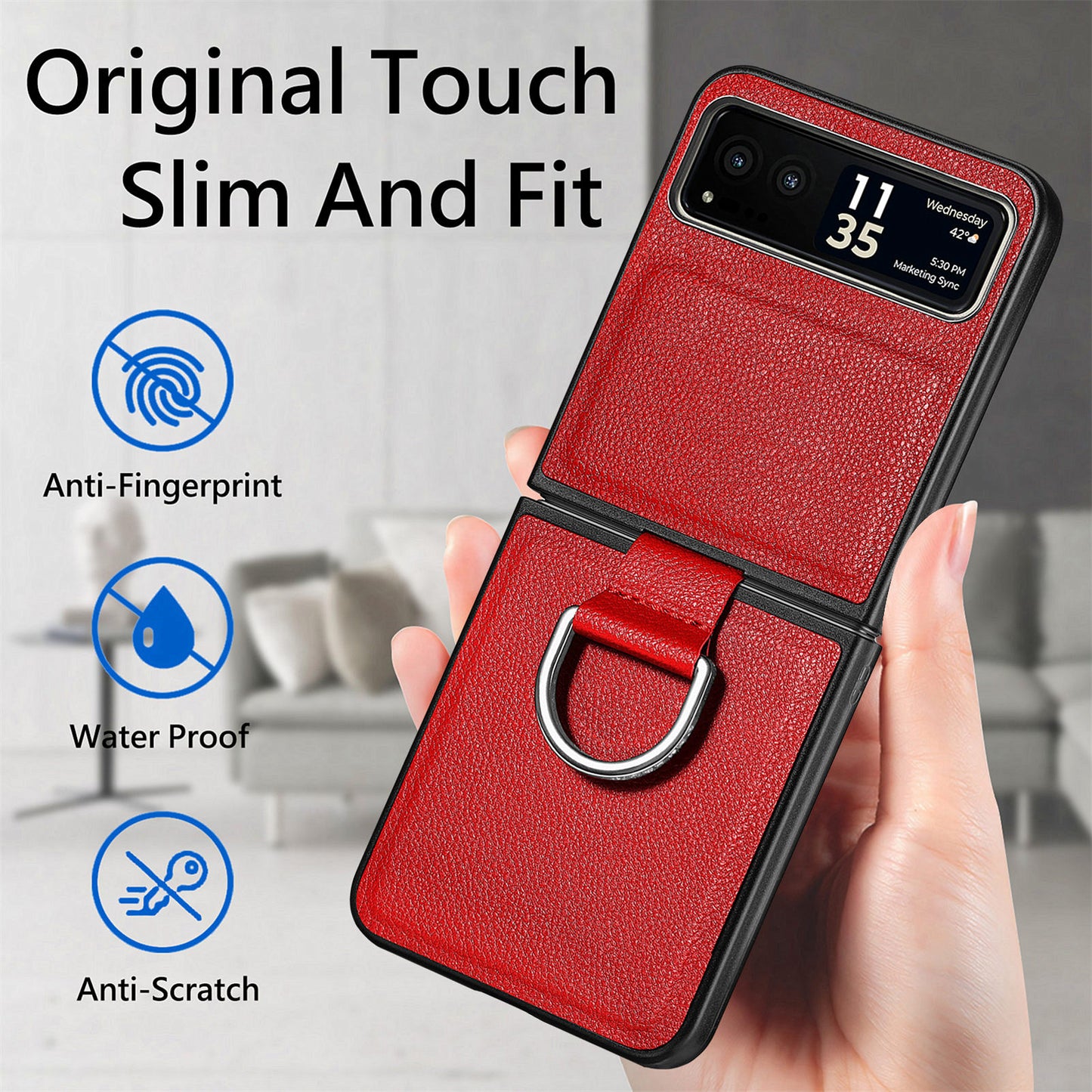 Finger Ring Holder Phone Case for Motorola Razr 40 5G , Litchi Texture Leather Coated PC Cover - Red