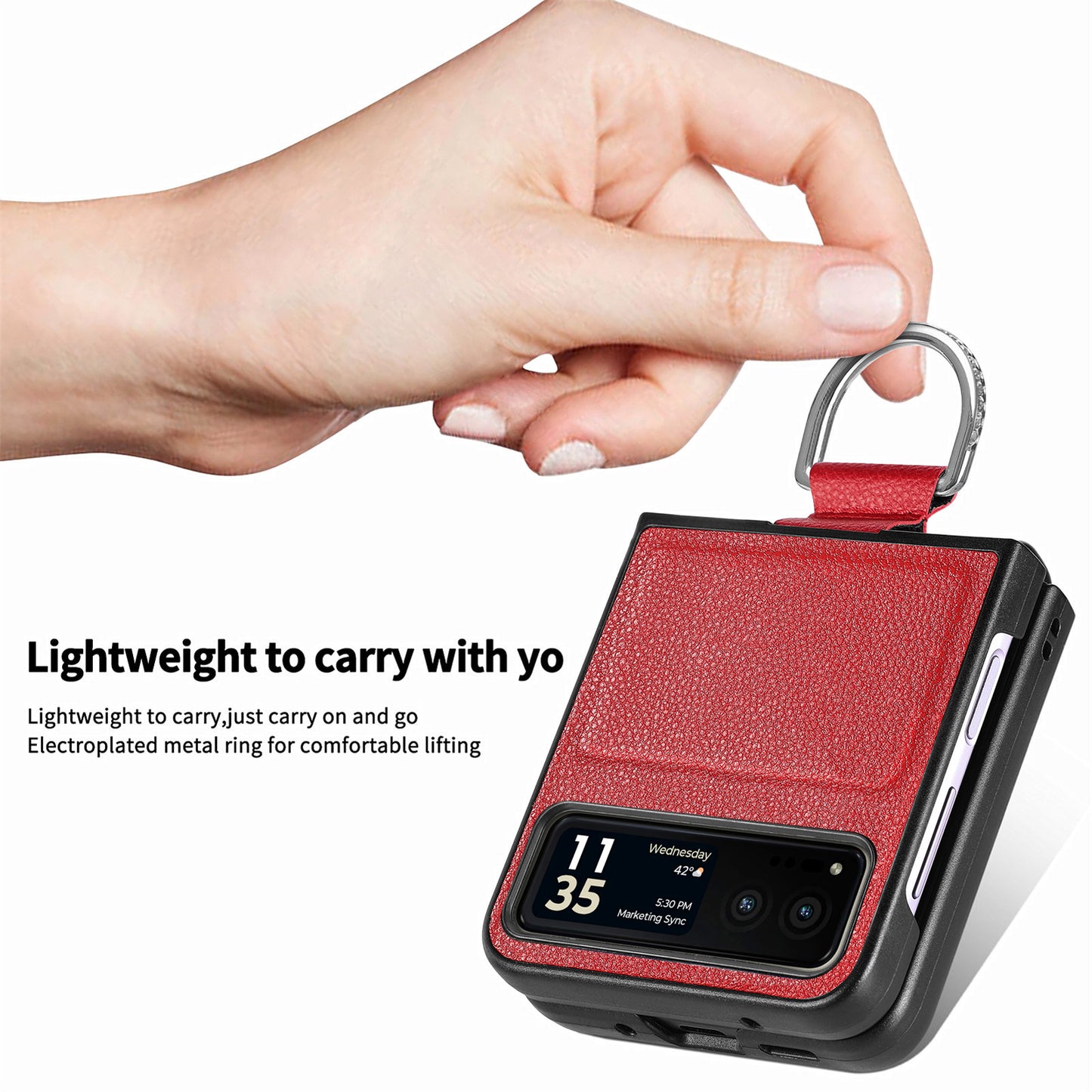 Finger Ring Holder Phone Case for Motorola Razr 40 5G , Litchi Texture Leather Coated PC Cover - Red