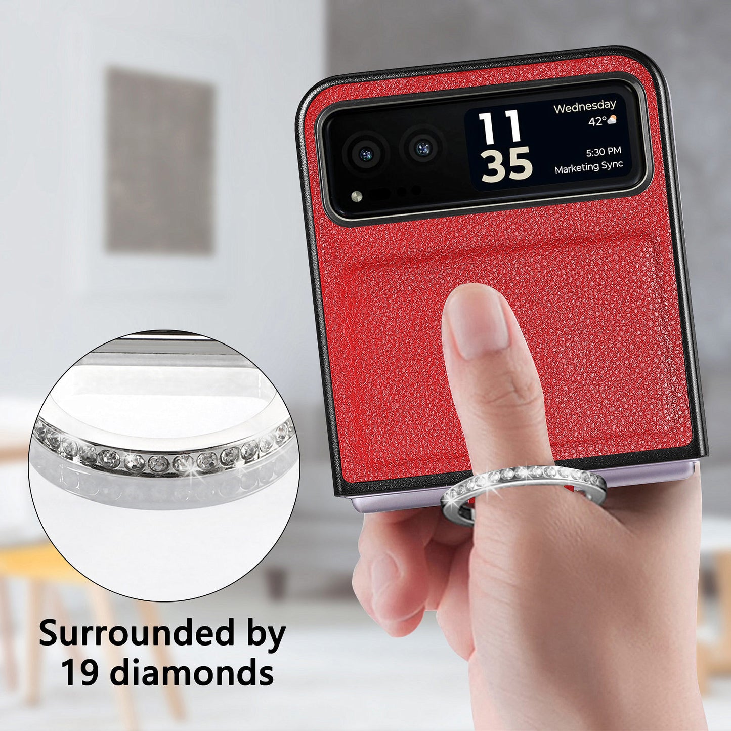 Finger Ring Holder Phone Case for Motorola Razr 40 5G , Litchi Texture Leather Coated PC Cover - Red