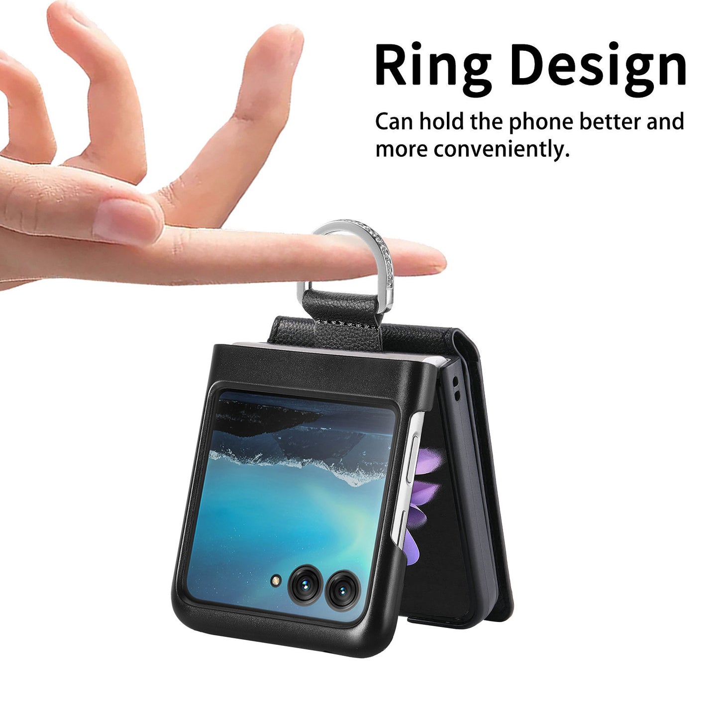 Card Holder Phone Case for Motorola Razr 40 Ultra 5G , Ring Holder Leather Coated PC Kickstand Cover - Black