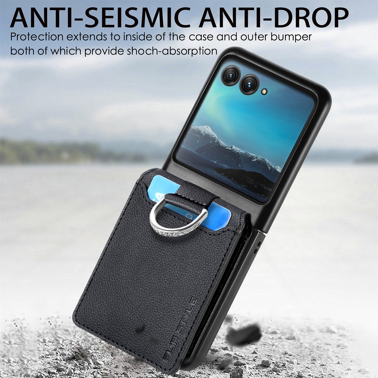 Card Holder Phone Case for Motorola Razr 40 Ultra 5G , Ring Holder Leather Coated PC Kickstand Cover - Black