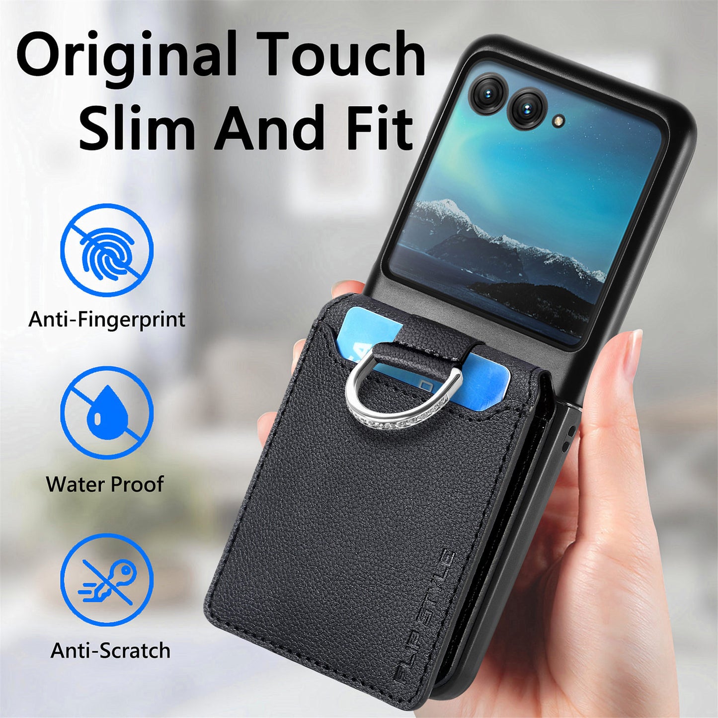 Card Holder Phone Case for Motorola Razr 40 Ultra 5G , Ring Holder Leather Coated PC Kickstand Cover - Black