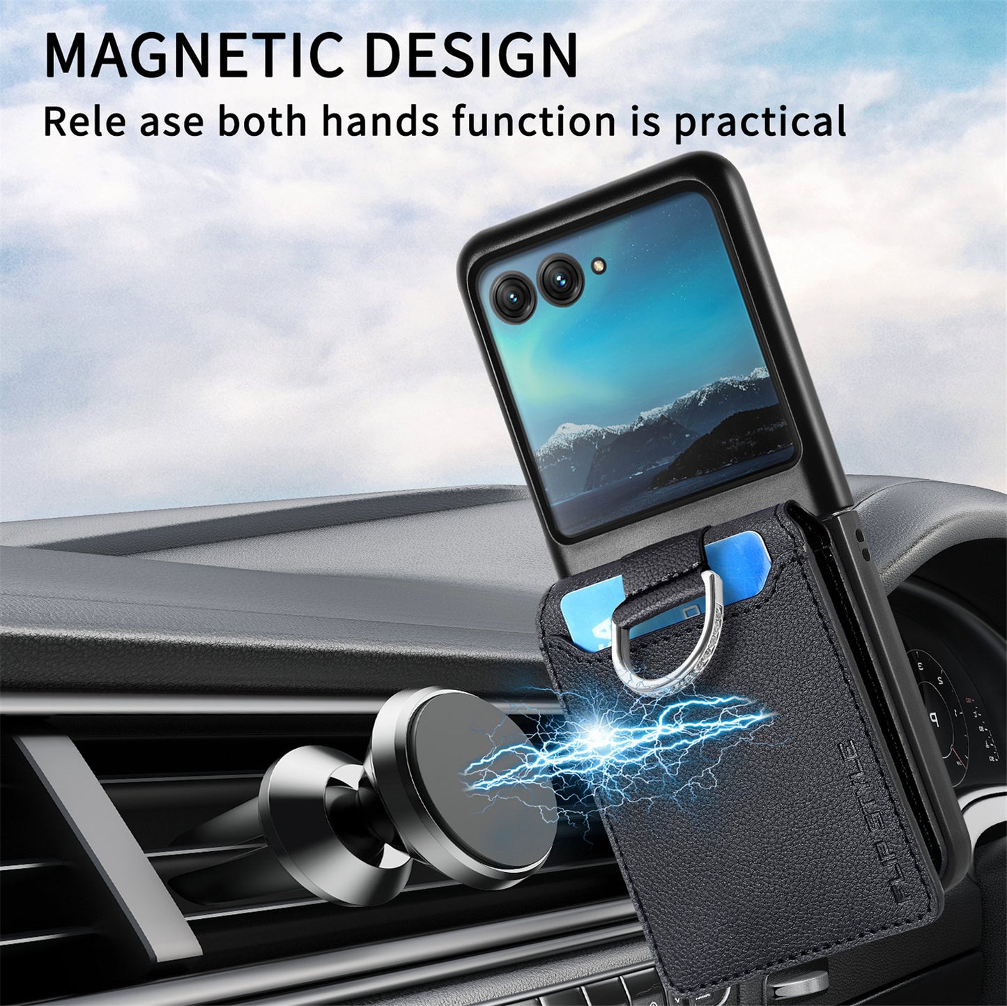 Card Holder Phone Case for Motorola Razr 40 Ultra 5G , Ring Holder Leather Coated PC Kickstand Cover - Black