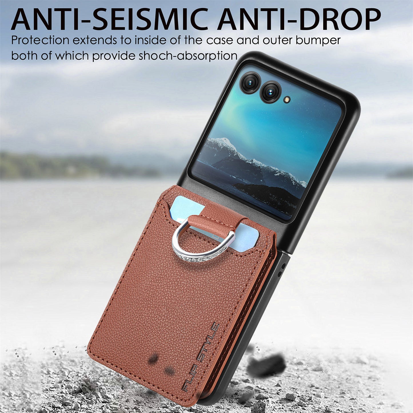 Card Holder Phone Case for Motorola Razr 40 Ultra 5G , Ring Holder Leather Coated PC Kickstand Cover - Brown