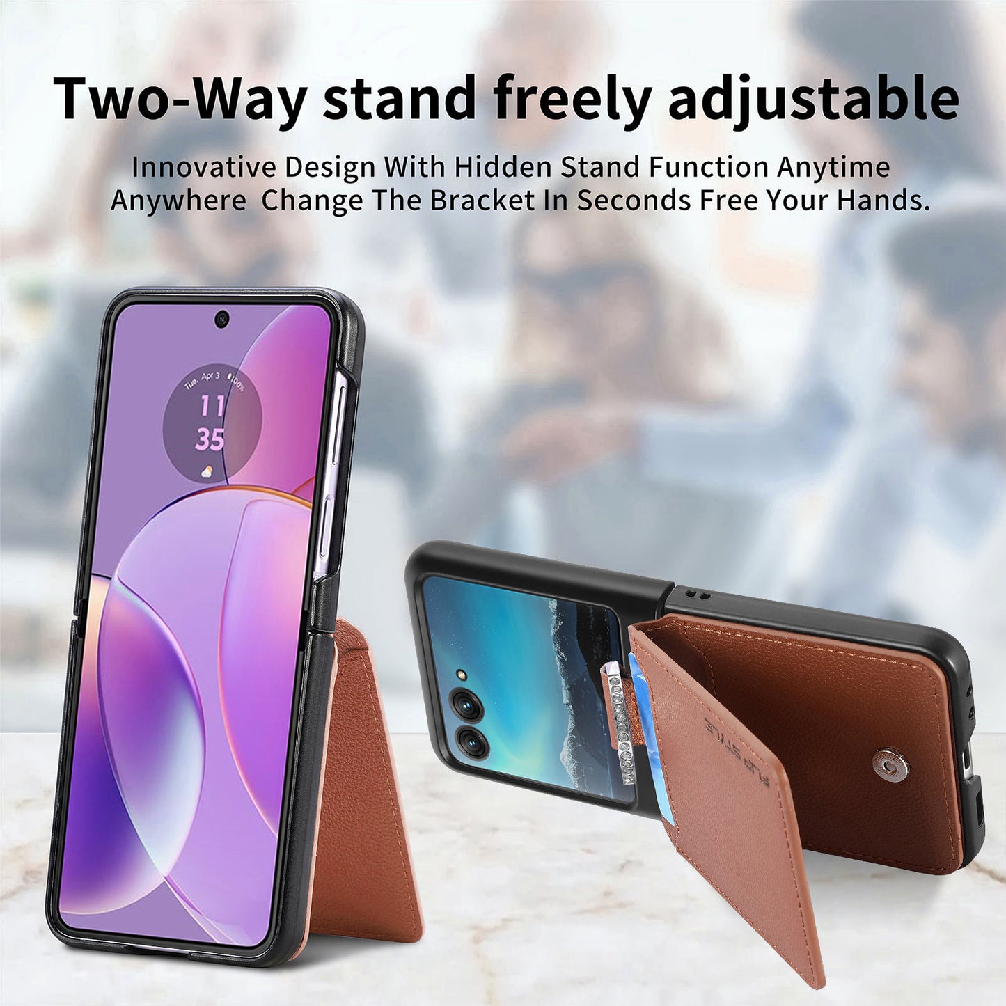 Card Holder Phone Case for Motorola Razr 40 Ultra 5G , Ring Holder Leather Coated PC Kickstand Cover - Brown