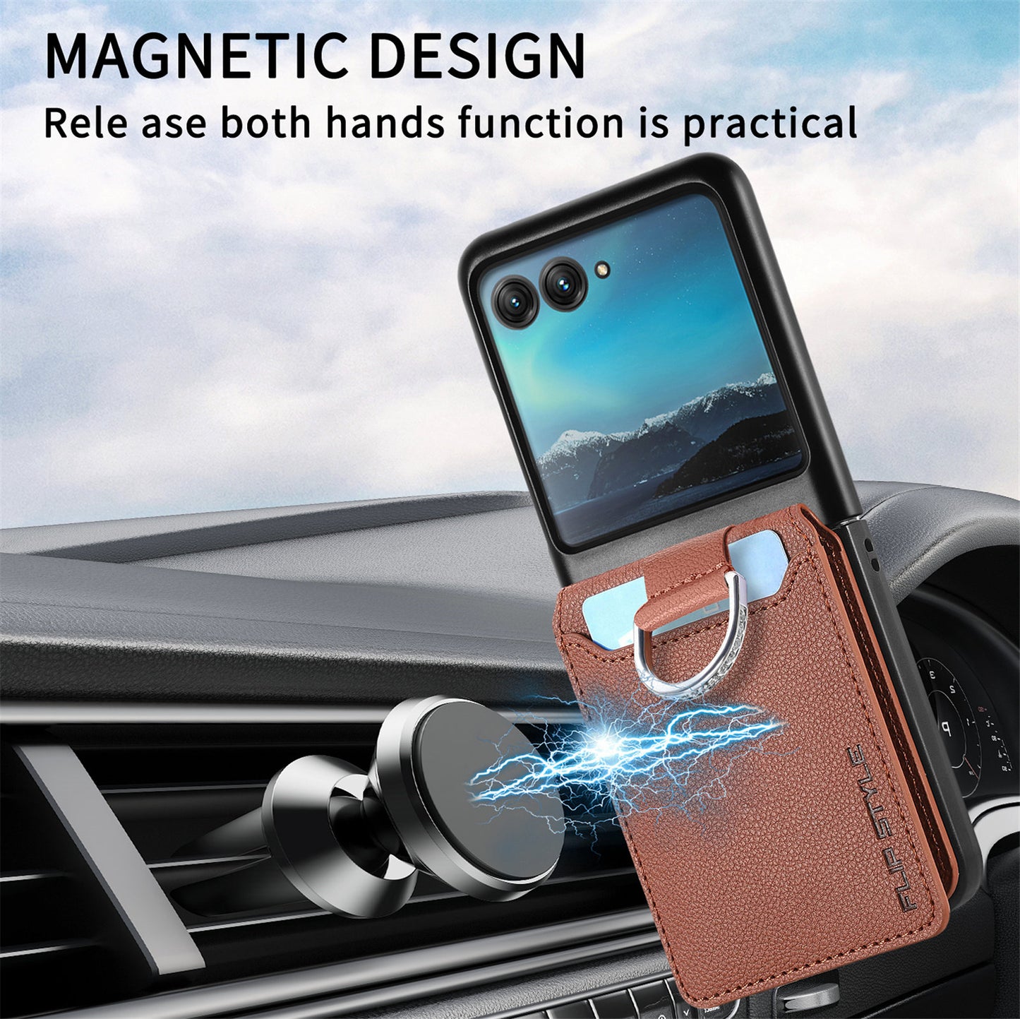 Card Holder Phone Case for Motorola Razr 40 Ultra 5G , Ring Holder Leather Coated PC Kickstand Cover - Brown