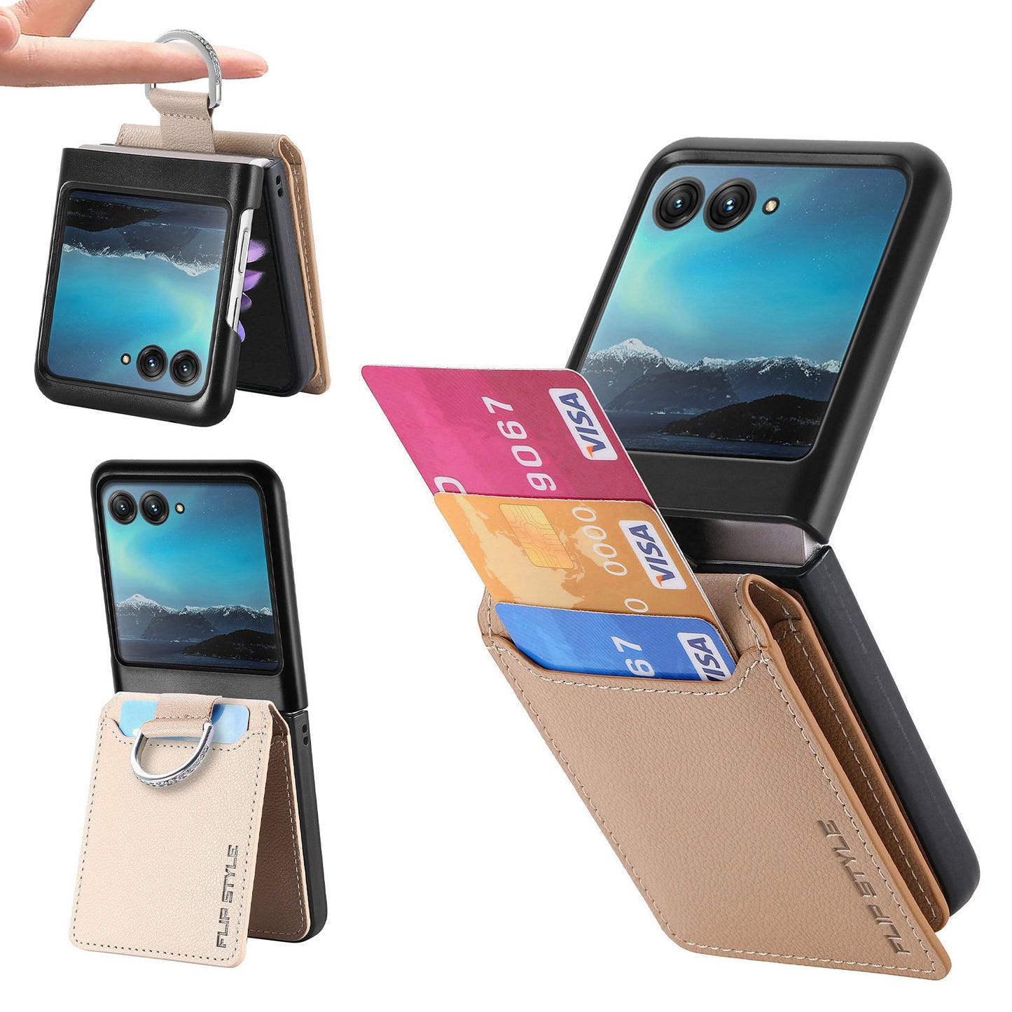 Card Holder Phone Case for Motorola Razr 40 Ultra 5G , Ring Holder Leather Coated PC Kickstand Cover - Grey