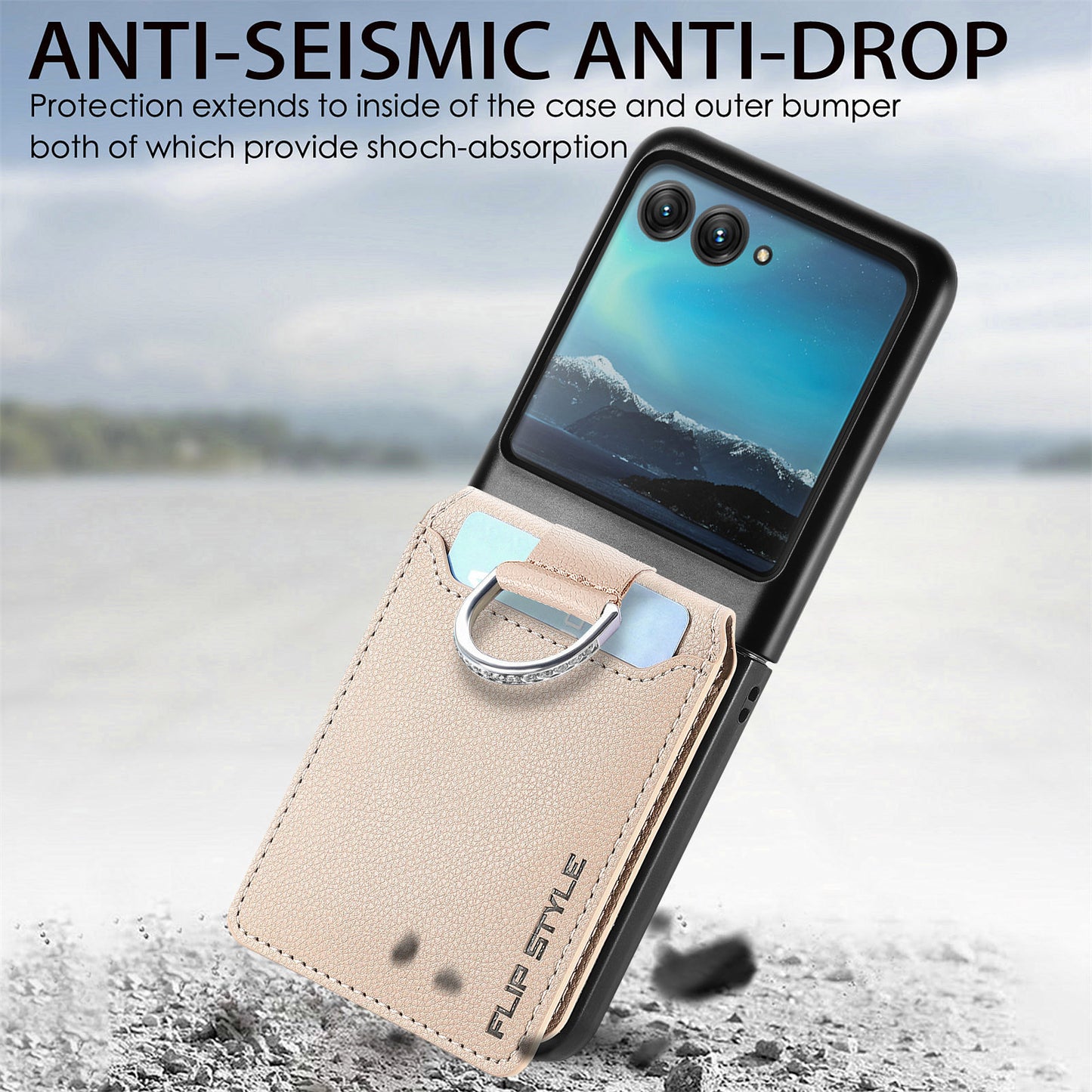 Card Holder Phone Case for Motorola Razr 40 Ultra 5G , Ring Holder Leather Coated PC Kickstand Cover - Grey