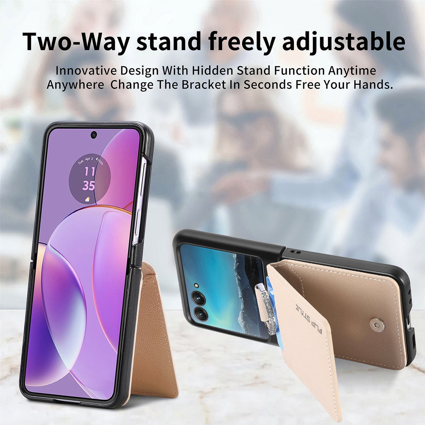 Card Holder Phone Case for Motorola Razr 40 Ultra 5G , Ring Holder Leather Coated PC Kickstand Cover - Grey