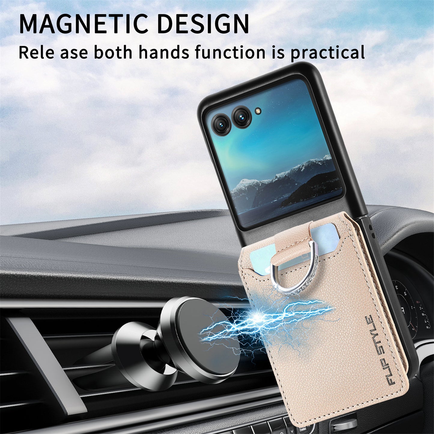 Card Holder Phone Case for Motorola Razr 40 Ultra 5G , Ring Holder Leather Coated PC Kickstand Cover - Grey