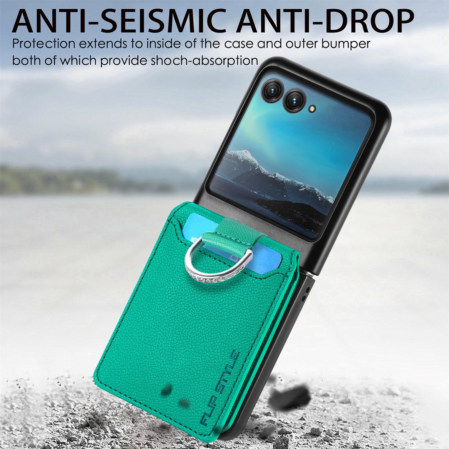 Card Holder Phone Case for Motorola Razr 40 Ultra 5G , Ring Holder Leather Coated PC Kickstand Cover - Green