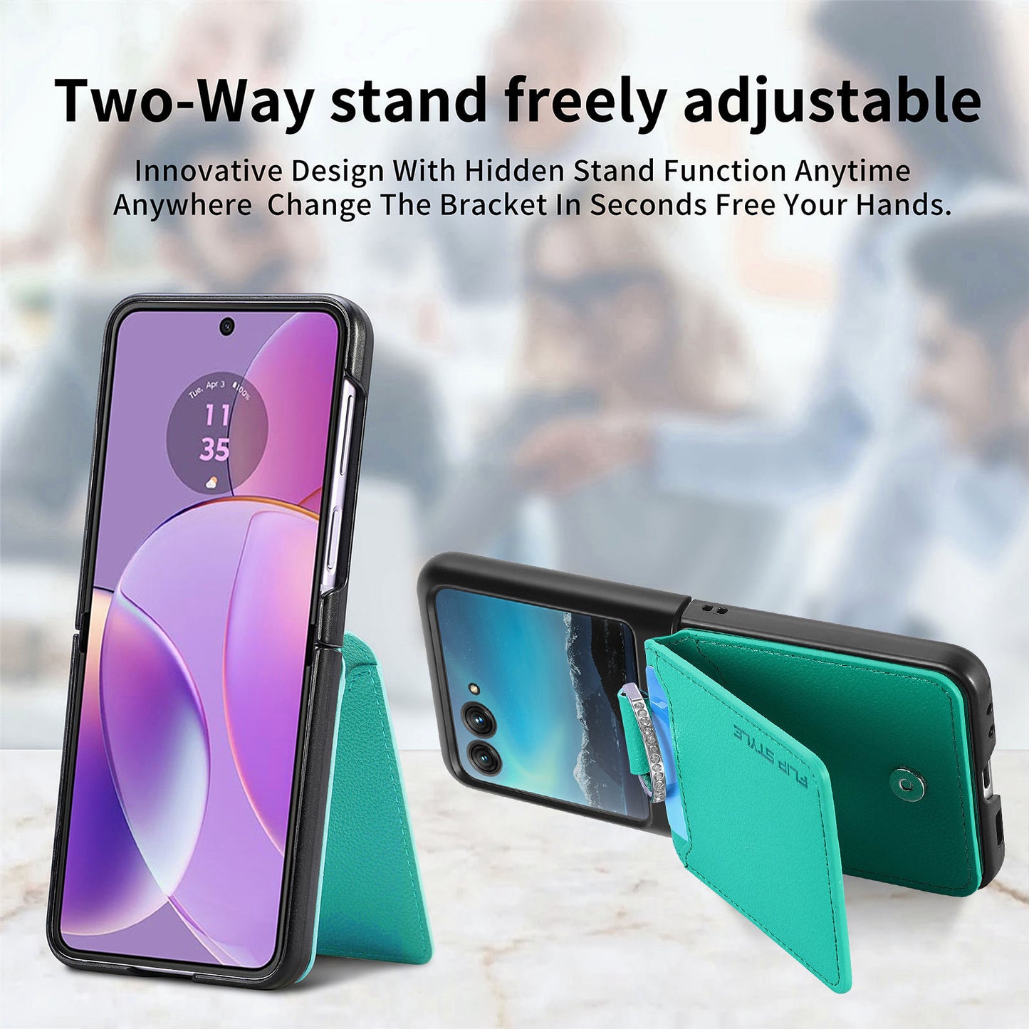 Card Holder Phone Case for Motorola Razr 40 Ultra 5G , Ring Holder Leather Coated PC Kickstand Cover - Green