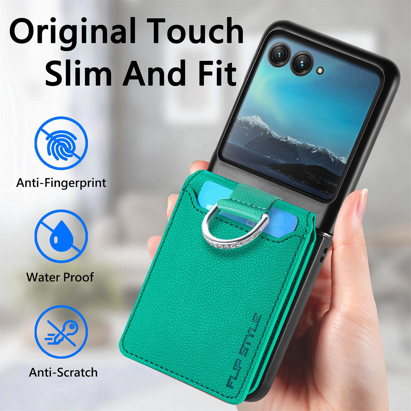 Card Holder Phone Case for Motorola Razr 40 Ultra 5G , Ring Holder Leather Coated PC Kickstand Cover - Green