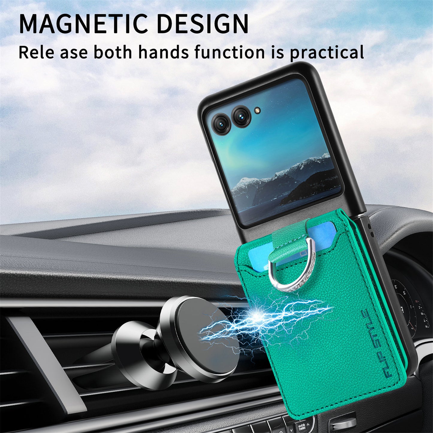 Card Holder Phone Case for Motorola Razr 40 Ultra 5G , Ring Holder Leather Coated PC Kickstand Cover - Green