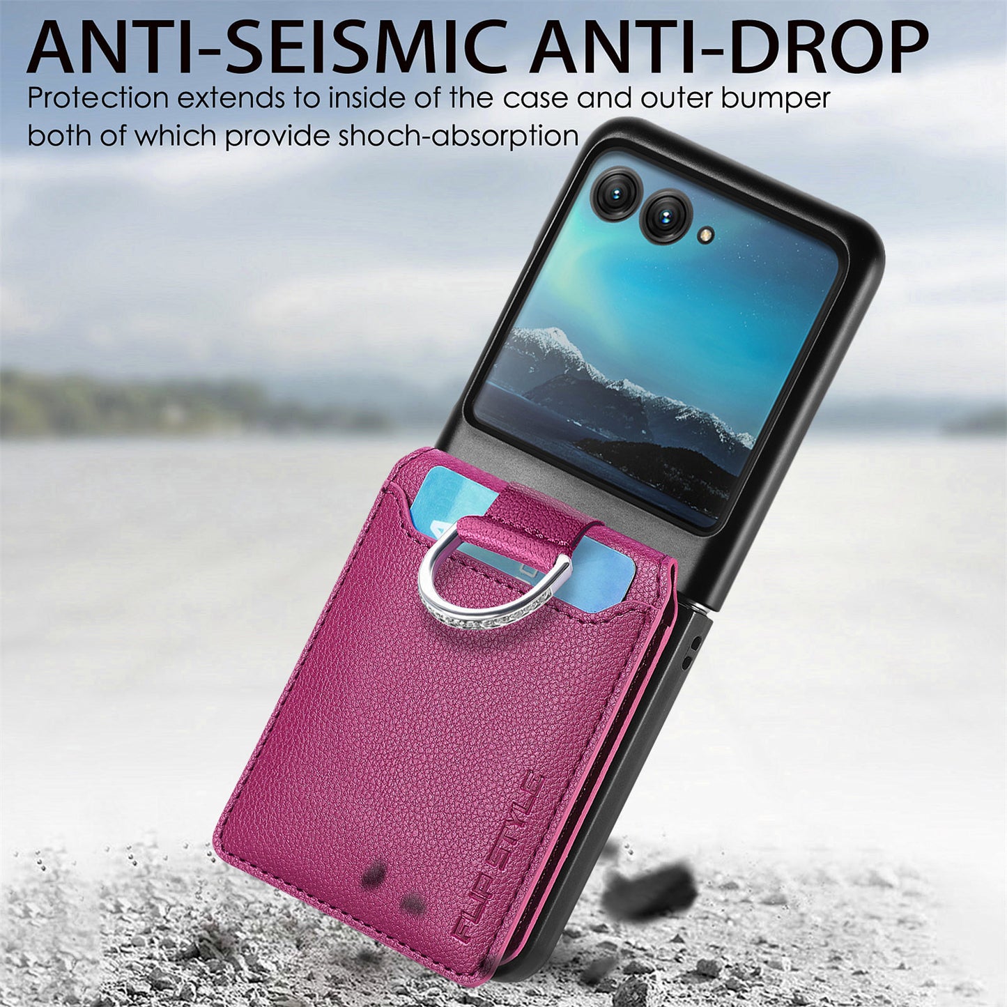 Card Holder Phone Case for Motorola Razr 40 Ultra 5G , Ring Holder Leather Coated PC Kickstand Cover - Purple