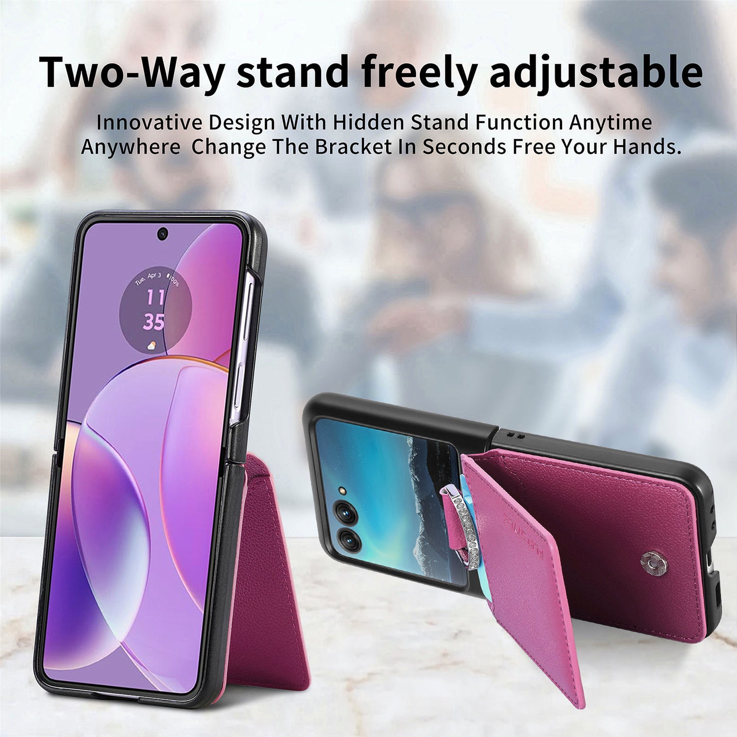 Card Holder Phone Case for Motorola Razr 40 Ultra 5G , Ring Holder Leather Coated PC Kickstand Cover - Purple