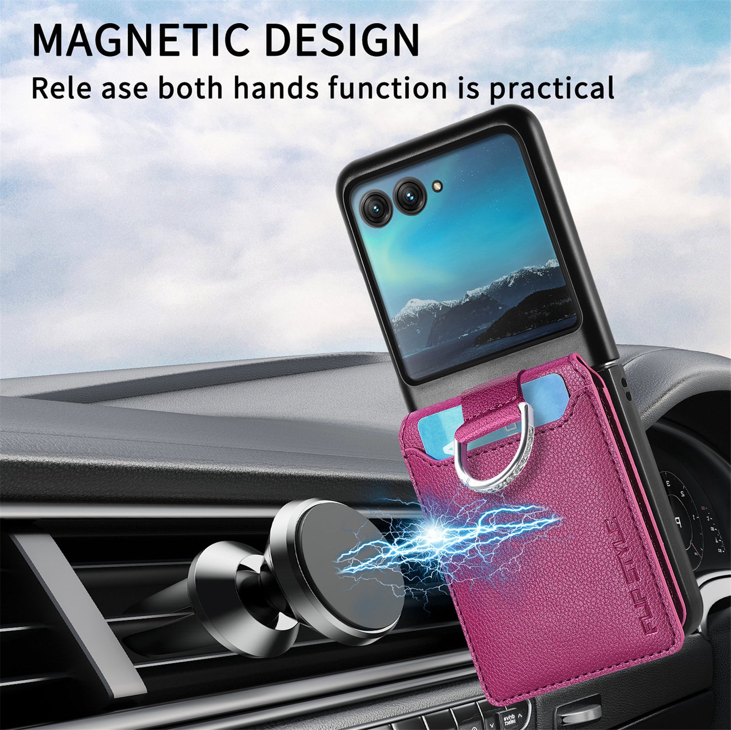 Card Holder Phone Case for Motorola Razr 40 Ultra 5G , Ring Holder Leather Coated PC Kickstand Cover - Purple