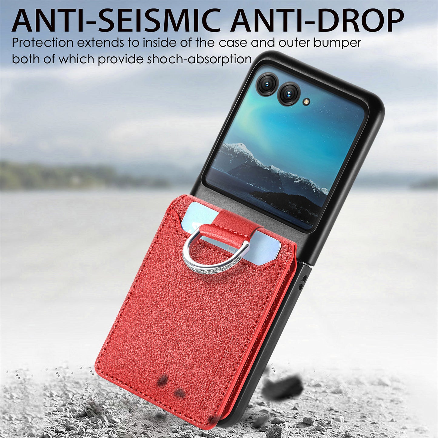 Card Holder Phone Case for Motorola Razr 40 Ultra 5G , Ring Holder Leather Coated PC Kickstand Cover - Red