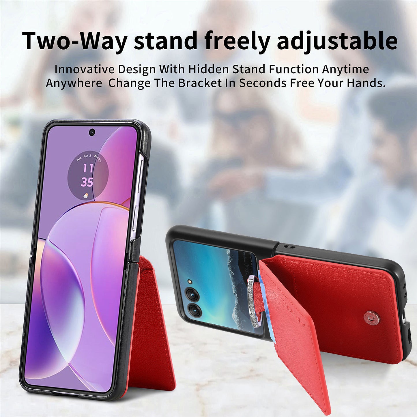 Card Holder Phone Case for Motorola Razr 40 Ultra 5G , Ring Holder Leather Coated PC Kickstand Cover - Red