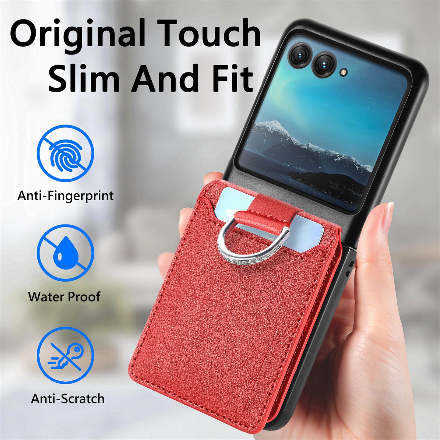 Card Holder Phone Case for Motorola Razr 40 Ultra 5G , Ring Holder Leather Coated PC Kickstand Cover - Red