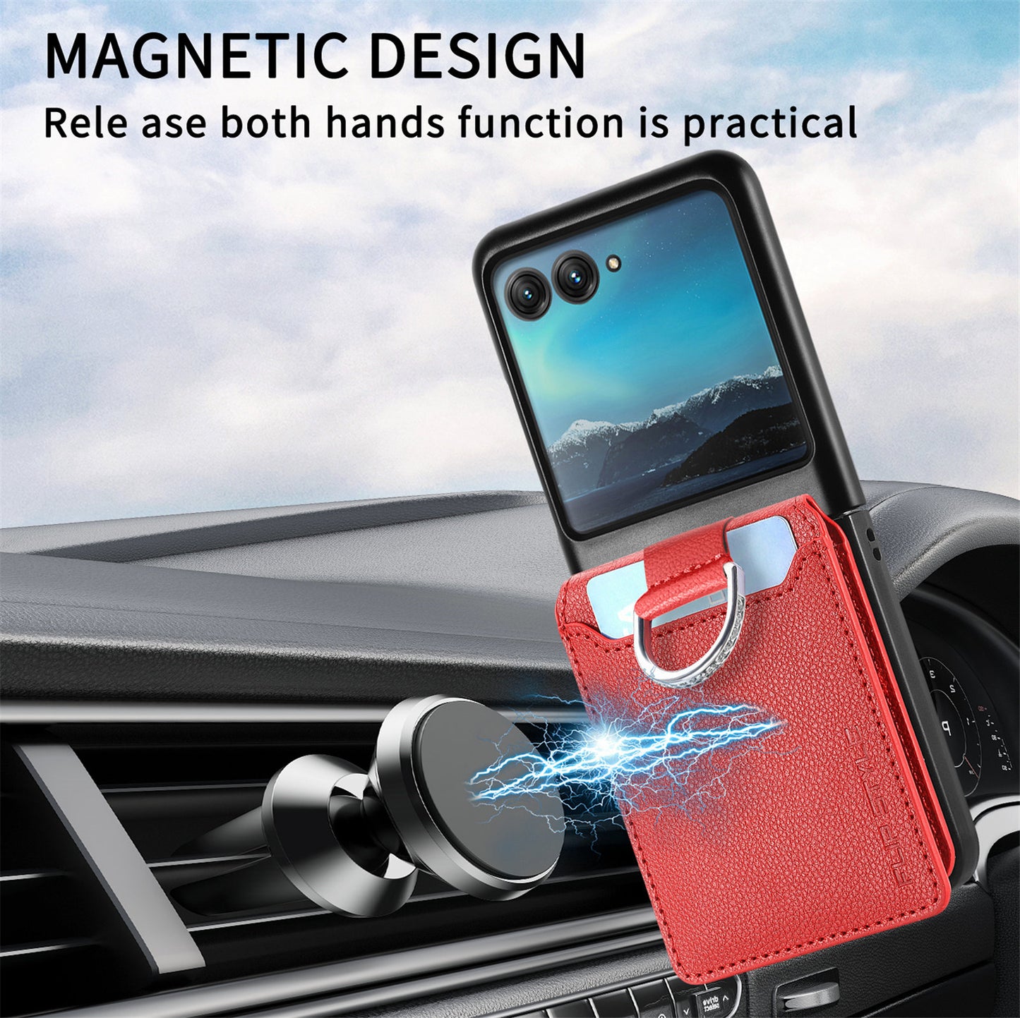 Card Holder Phone Case for Motorola Razr 40 Ultra 5G , Ring Holder Leather Coated PC Kickstand Cover - Red