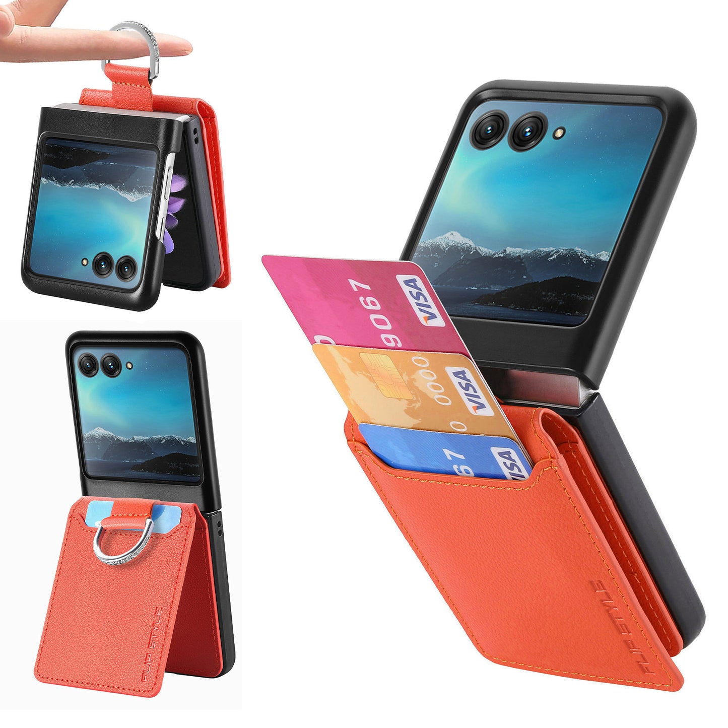 Card Holder Phone Case for Motorola Razr 40 Ultra 5G , Ring Holder Leather Coated PC Kickstand Cover - Orange