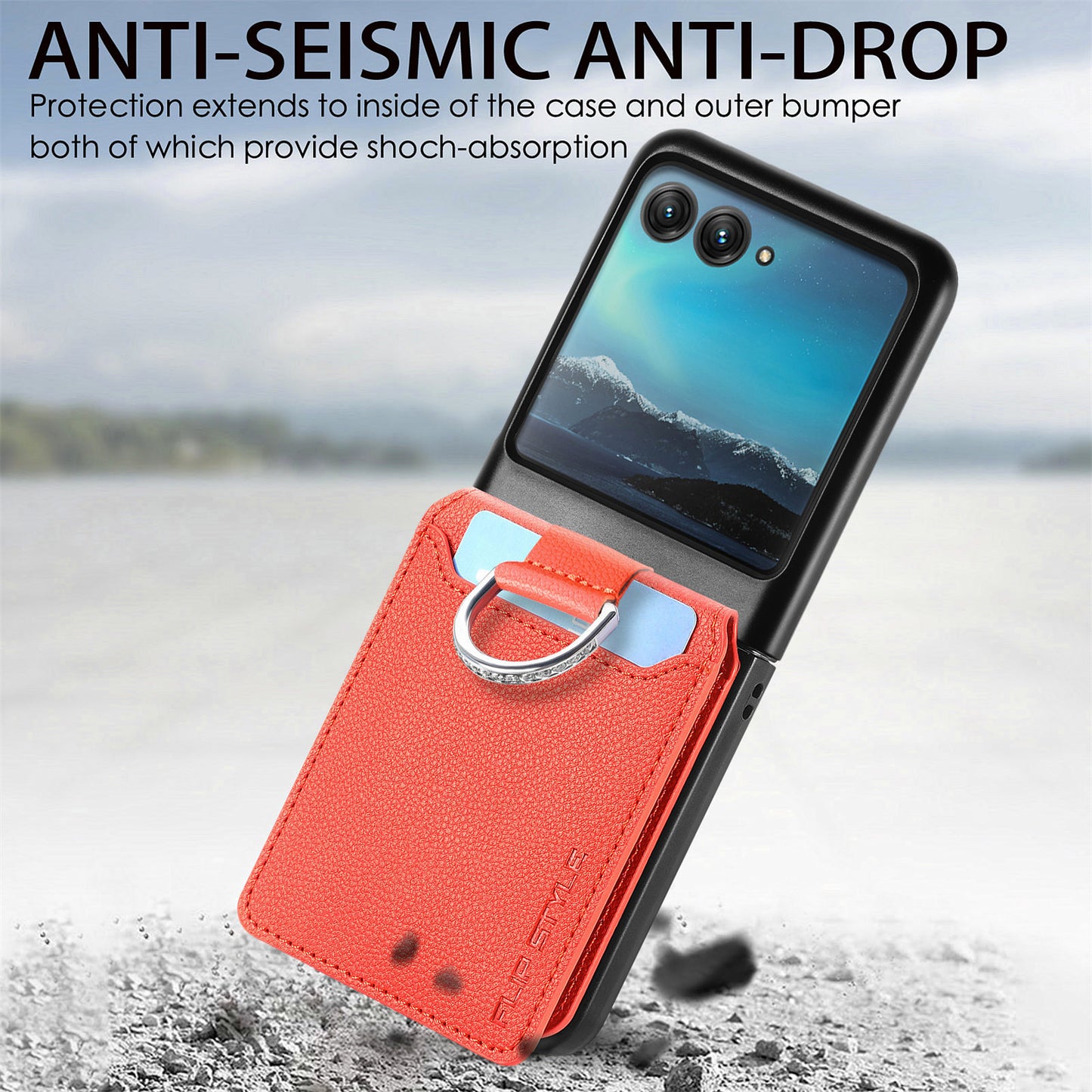 Card Holder Phone Case for Motorola Razr 40 Ultra 5G , Ring Holder Leather Coated PC Kickstand Cover - Orange