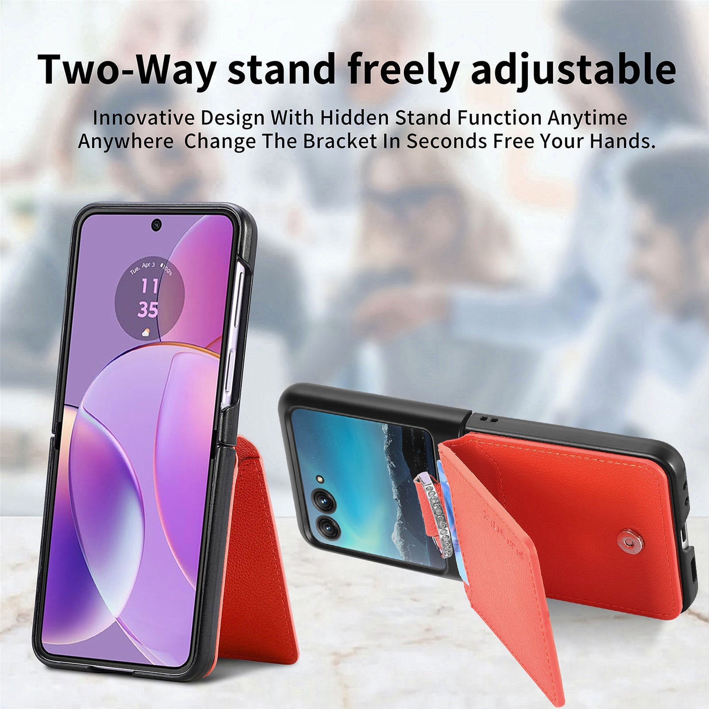 Card Holder Phone Case for Motorola Razr 40 Ultra 5G , Ring Holder Leather Coated PC Kickstand Cover - Orange