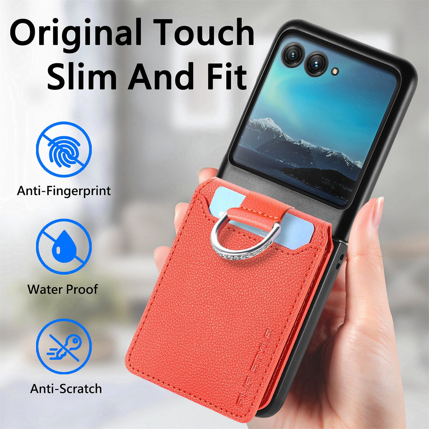 Card Holder Phone Case for Motorola Razr 40 Ultra 5G , Ring Holder Leather Coated PC Kickstand Cover - Orange