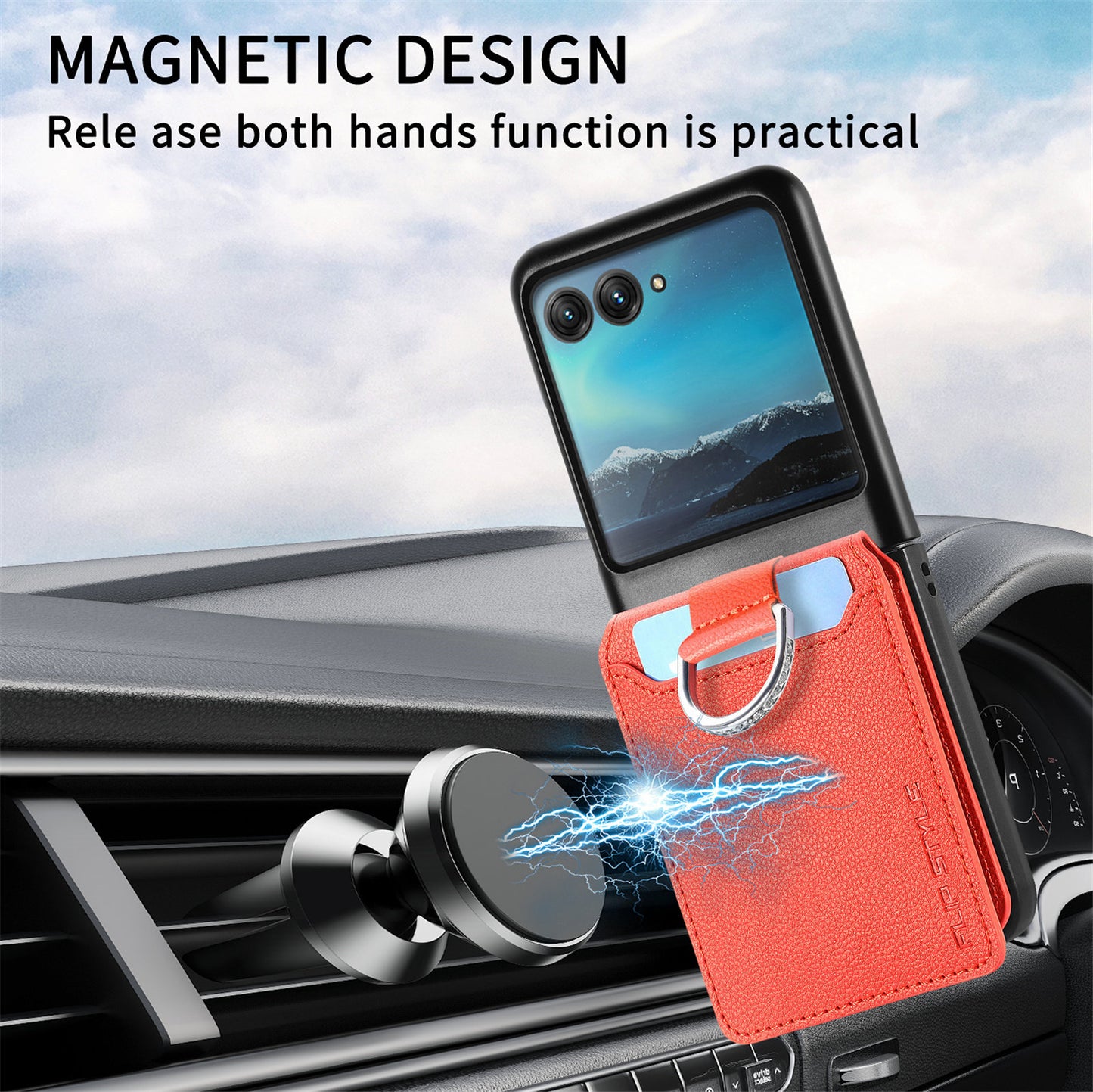 Card Holder Phone Case for Motorola Razr 40 Ultra 5G , Ring Holder Leather Coated PC Kickstand Cover - Orange