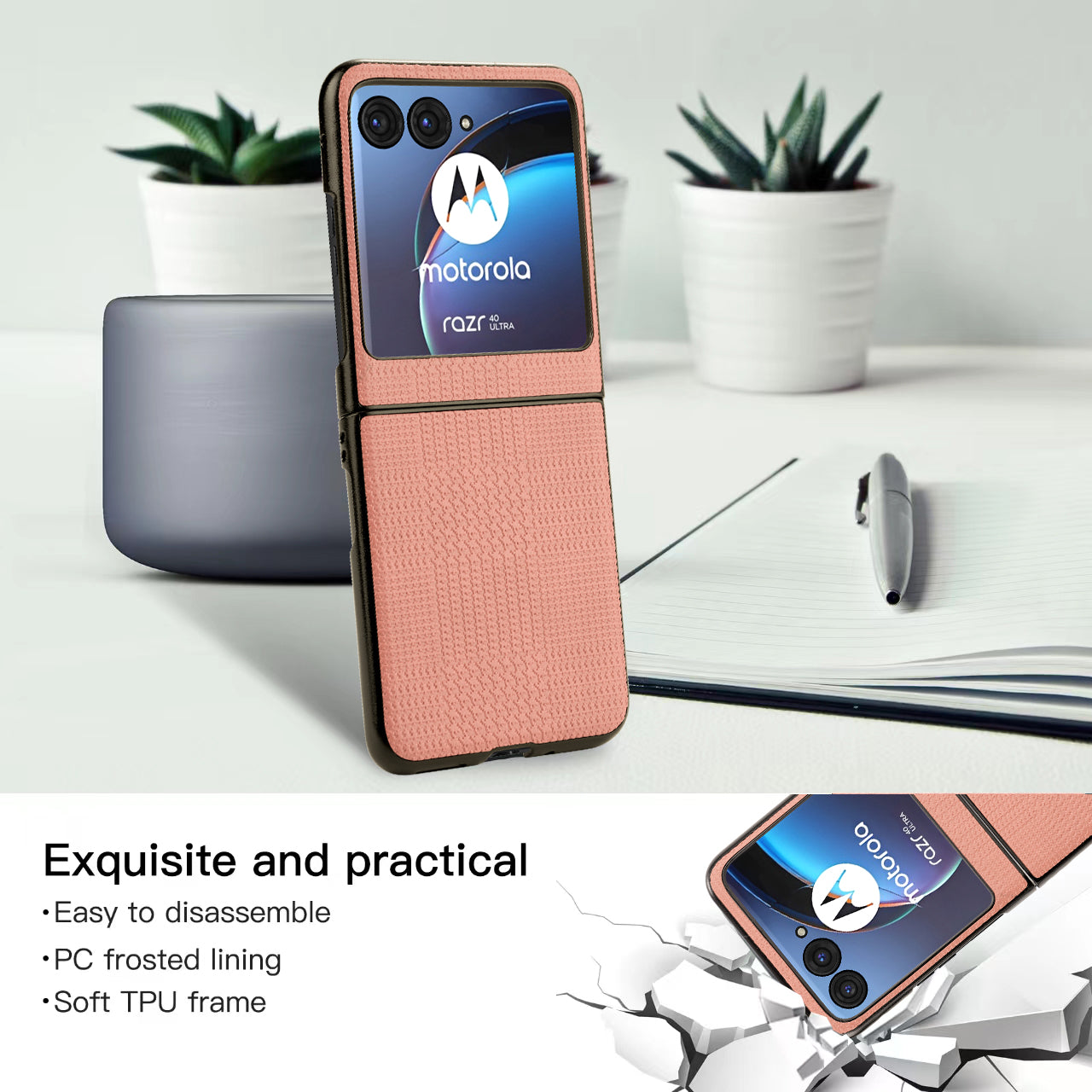 Vili TH Series For Motorola Razr 40 Ultra 5G Anti-drop Phone Case PU Leather Coated PC+TPU Phone Cover - Pink