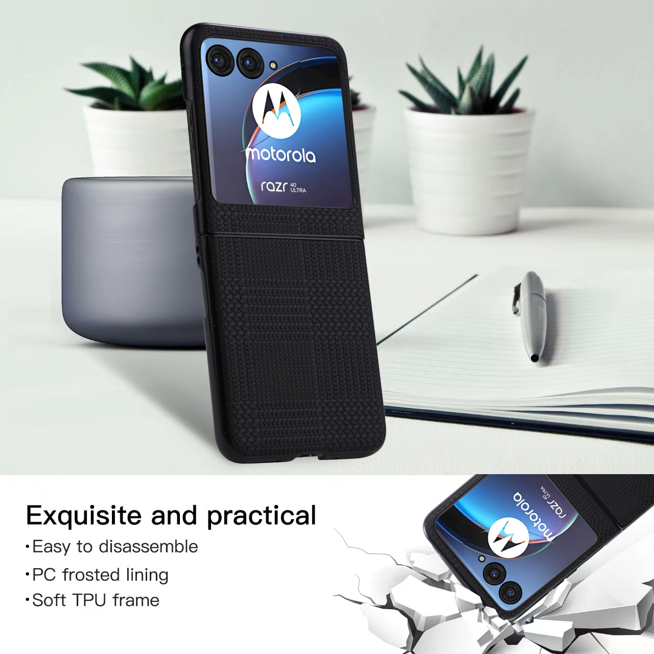 Vili TH Series For Motorola Razr 40 Ultra 5G Anti-drop Phone Case PU Leather Coated PC+TPU Phone Cover - Black