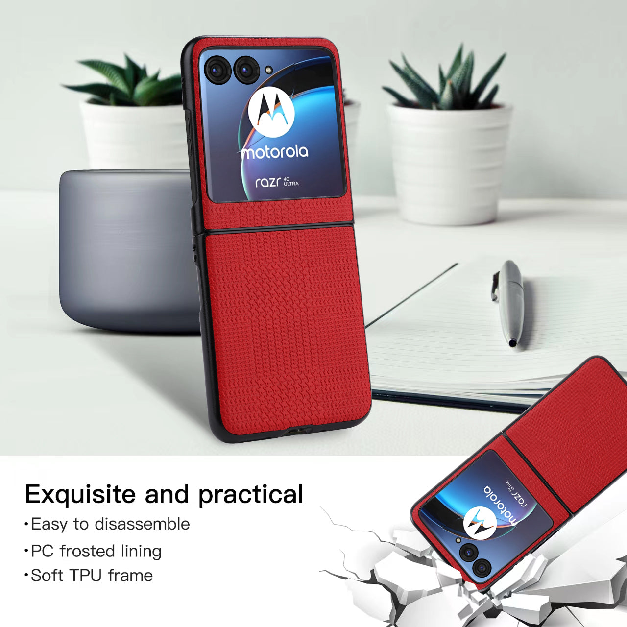 Vili TH Series For Motorola Razr 40 Ultra 5G Anti-drop Phone Case PU Leather Coated PC+TPU Phone Cover - Red