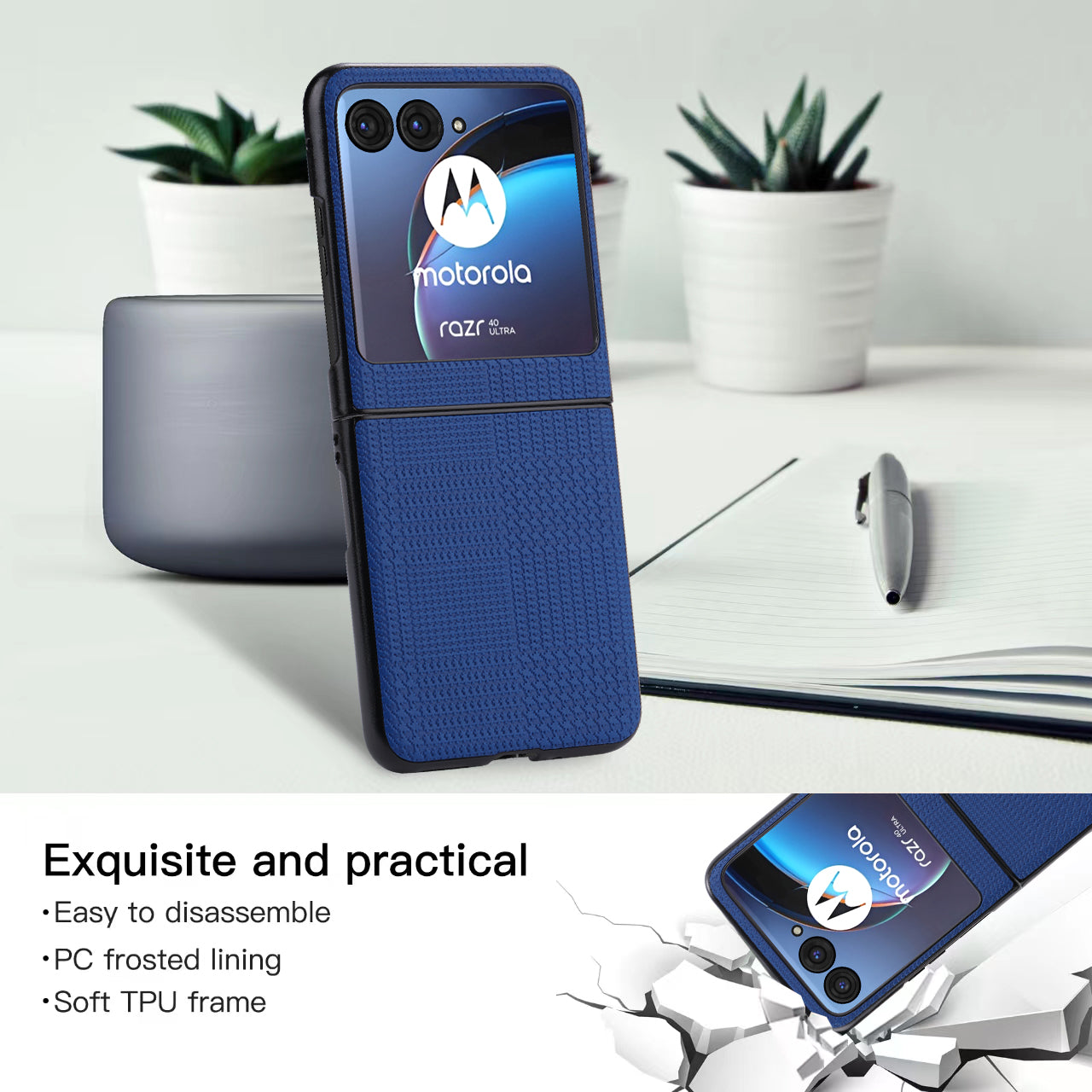 Vili TH Series For Motorola Razr 40 Ultra 5G Anti-drop Phone Case PU Leather Coated PC+TPU Phone Cover - Blue