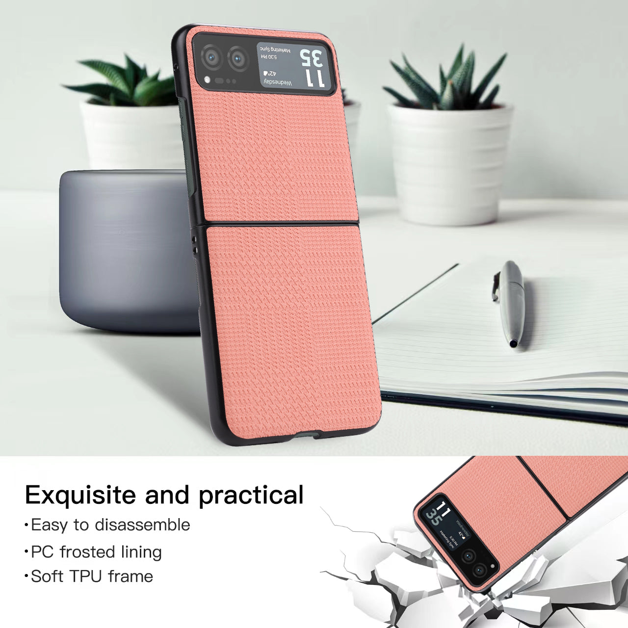 Vili TH Series For Motorola Razr 40 5G Phone Case PU Leather Coated PC+TPU Scratch-proof Cover - Pink