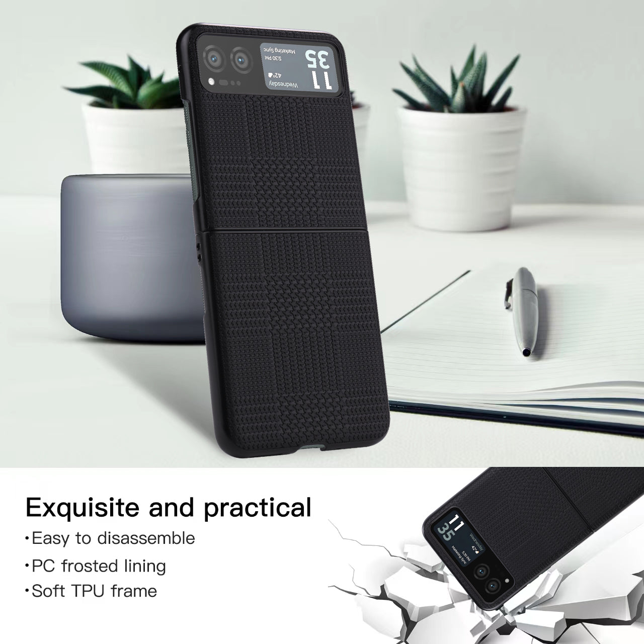 Vili TH Series For Motorola Razr 40 5G Phone Case PU Leather Coated PC+TPU Scratch-proof Cover - Black