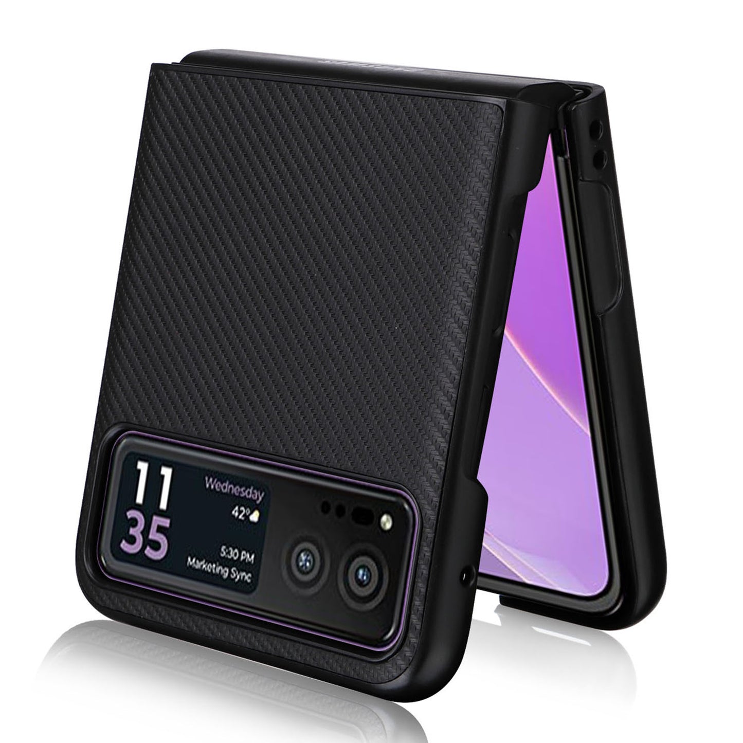 Uniqkart for Motorola Razr 40 5G PU Leather Coated PC Anti-Scratch Phone Case Carbon Fiber Texture Back Cover - Black