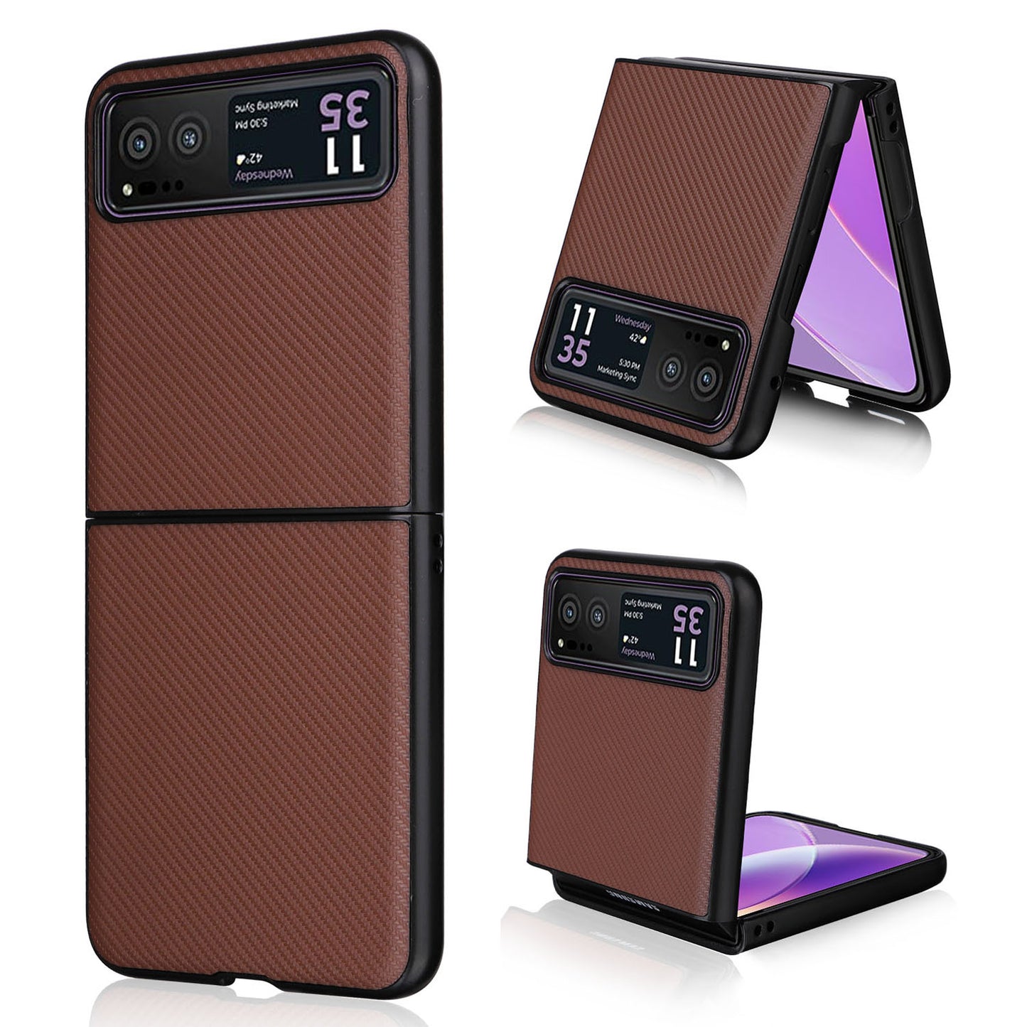 Uniqkart for Motorola Razr 40 5G PU Leather Coated PC Anti-Scratch Phone Case Carbon Fiber Texture Back Cover - Brown
