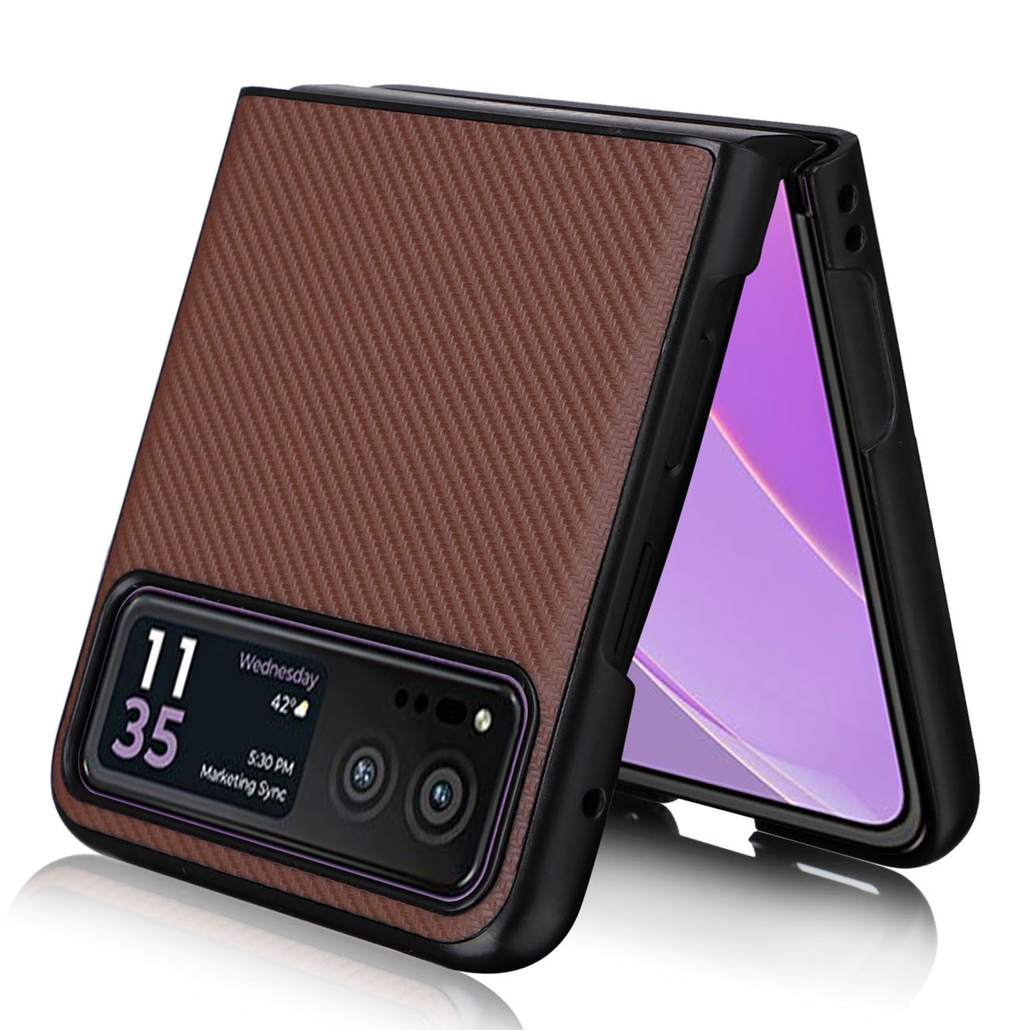 Uniqkart for Motorola Razr 40 5G PU Leather Coated PC Anti-Scratch Phone Case Carbon Fiber Texture Back Cover - Brown