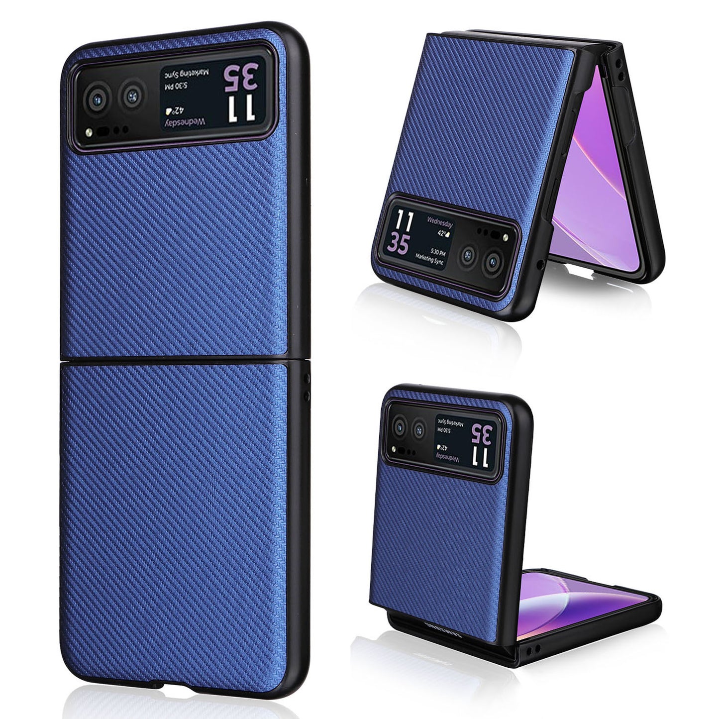 Uniqkart for Motorola Razr 40 5G PU Leather Coated PC Anti-Scratch Phone Case Carbon Fiber Texture Back Cover - Blue