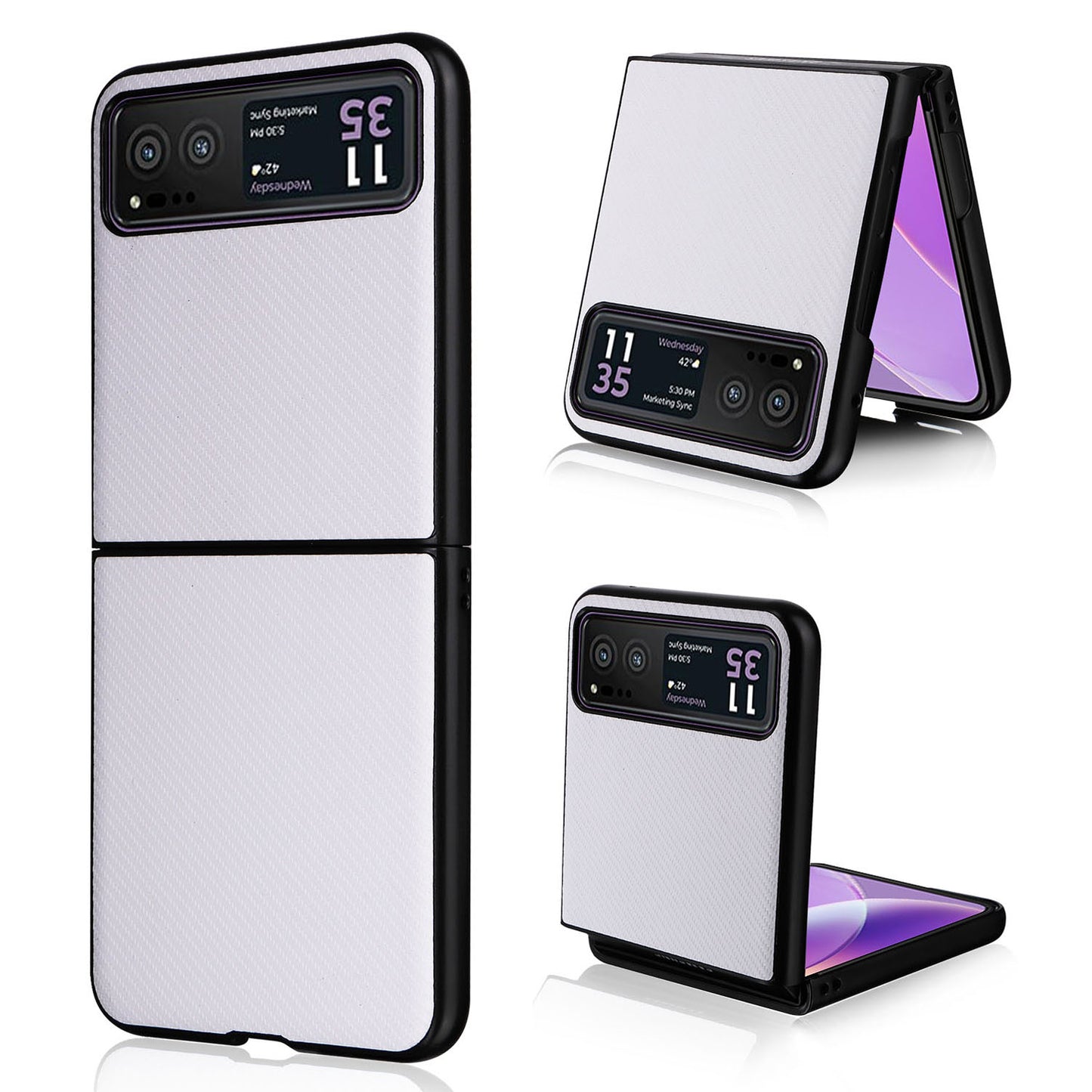 Uniqkart for Motorola Razr 40 5G PU Leather Coated PC Anti-Scratch Phone Case Carbon Fiber Texture Back Cover - White