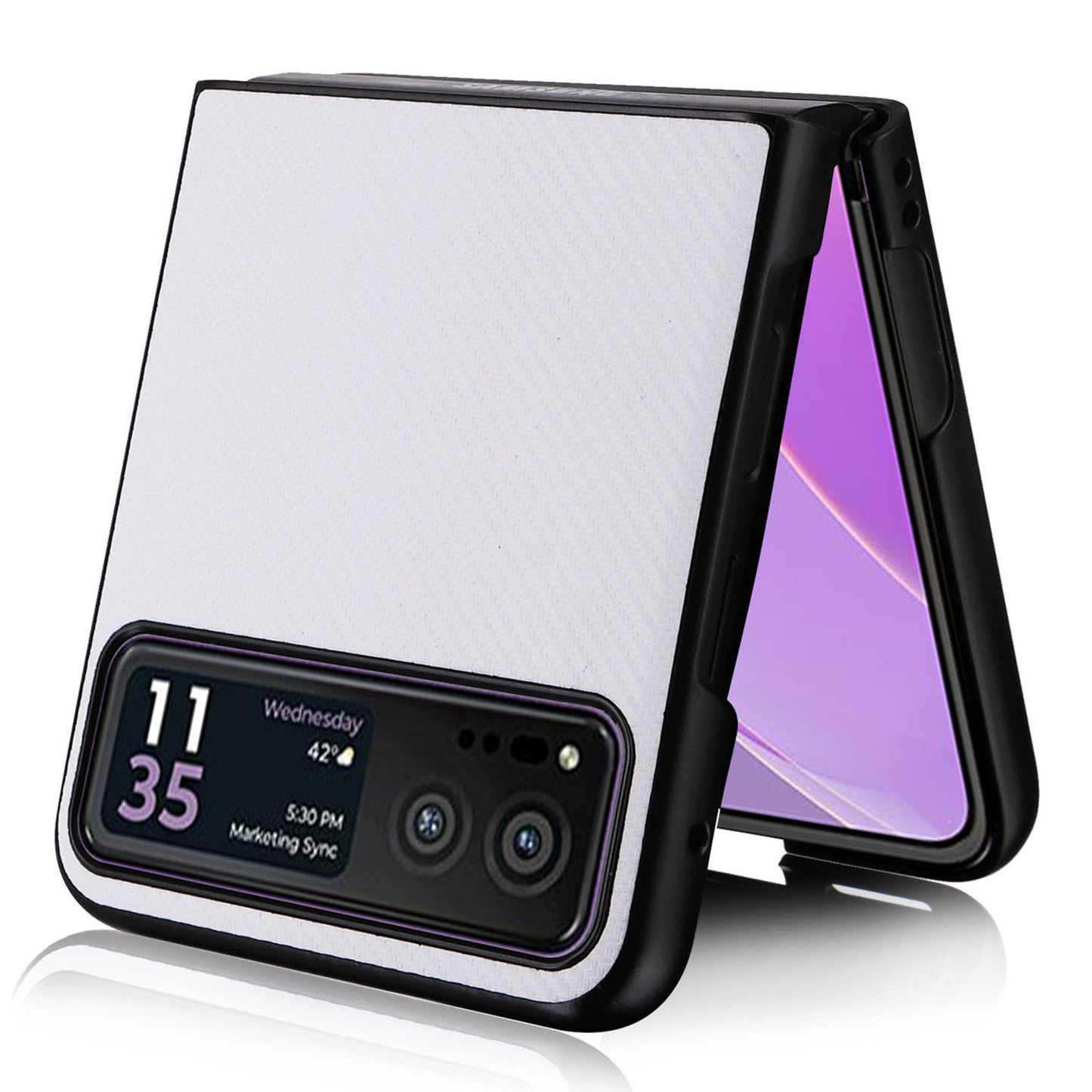 Uniqkart for Motorola Razr 40 5G PU Leather Coated PC Anti-Scratch Phone Case Carbon Fiber Texture Back Cover - White