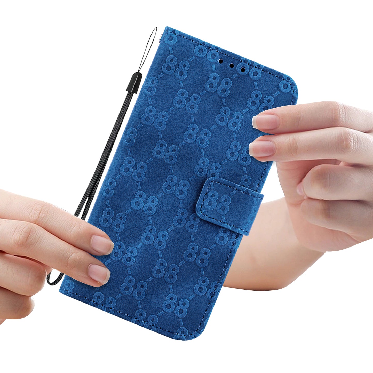For OnePlus 11 5G Slim-Fit Leather Phone Shell Double 8-Shape Imprinted Cover Wallet Stand Case - Dark Blue