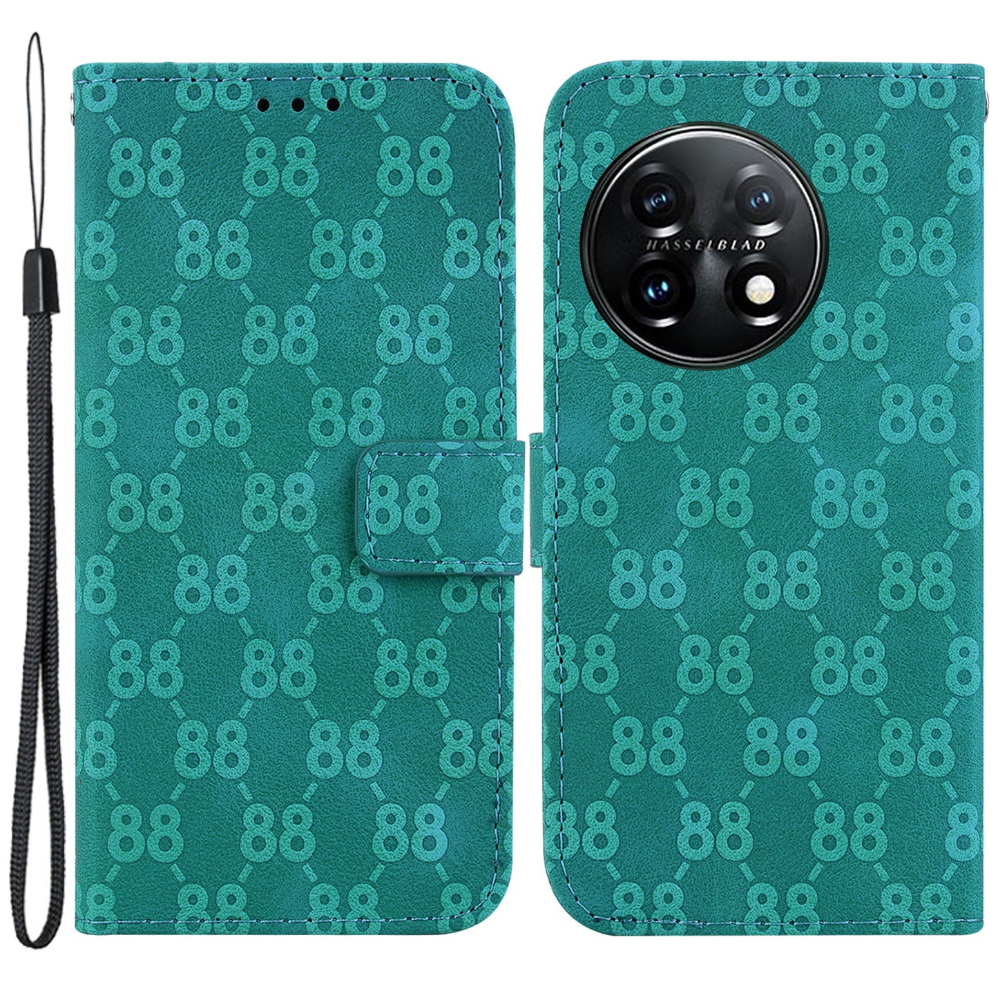 For OnePlus 11 5G Slim-Fit Leather Phone Shell Double 8-Shape Imprinted Cover Wallet Stand Case - Green