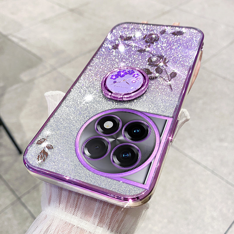 KADEM For OnePlus 11R 5G / Ace 2 5G Flower Pattern Drop-proof TPU Cover Ring Kickstand Glitter Phone Case - Purple