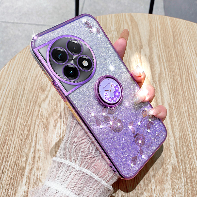 KADEM For OnePlus 11R 5G / Ace 2 5G Flower Pattern Drop-proof TPU Cover Ring Kickstand Glitter Phone Case - Purple