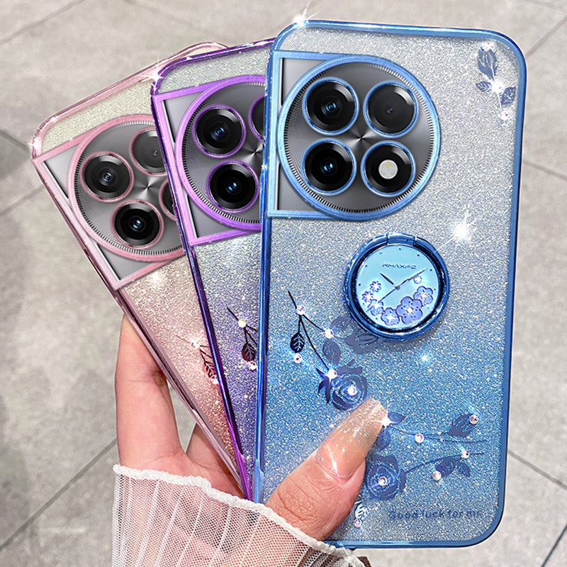 KADEM For OnePlus 11R 5G / Ace 2 5G Flower Pattern Drop-proof TPU Cover Ring Kickstand Glitter Phone Case - Blue